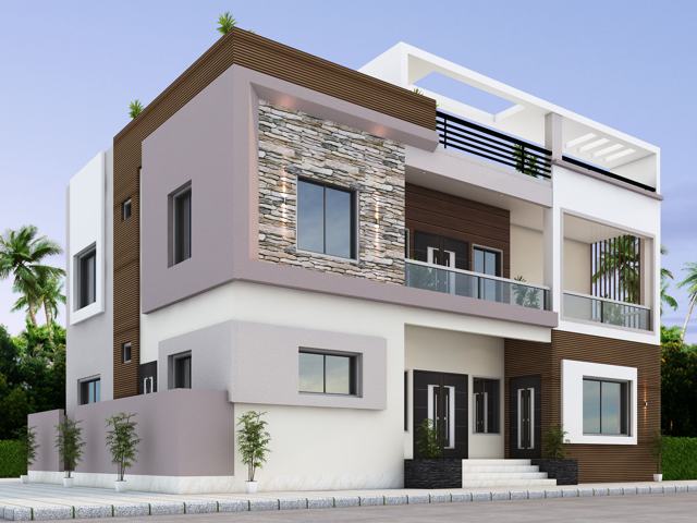 3D elevation design of a residential building by Sthapatya Designs
