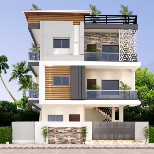 3D elevation design of a residential building by Sthapatya Designs